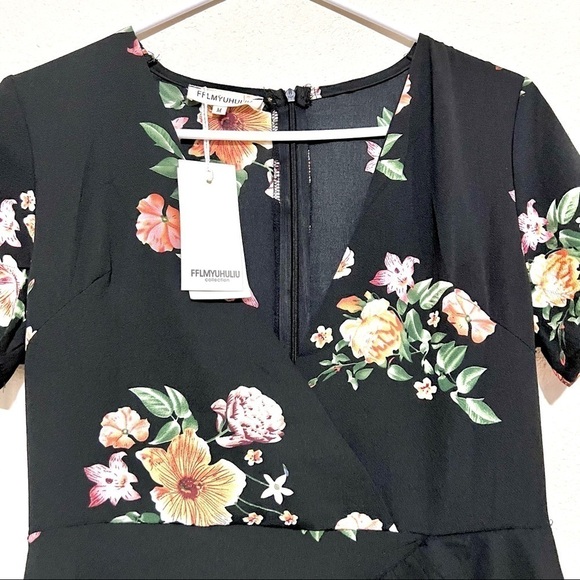 NWT FFLMYUHULIU MADDIE GIRL MIDNIGHT FLORAL MINI DRESS ruffle hem womens M - Picture 4 of 11